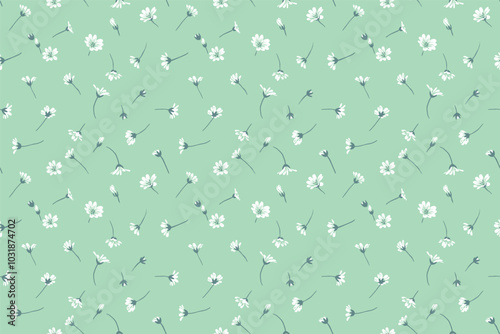 Pastel mint green seamless pattern with scattered randomly tiny flowers and small buds. Abstract artistic wild floral print. Vector hand drawing sketch. Design for fashion, fabric, textiles