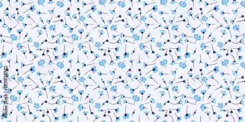  Tiny blue flowers and small buds seamless pattern. Abstract artistic floral print on a light background. Vector hand drawing sketch. Design for fashion, fabric, wallpaper, textiles,
