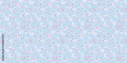 Light pattern with tiny flowers and small buds on a blue background. Abstract artistic wild floral seamless print. Vector hand drawing sketch. Design for fashion, fabric, wallpaper, textiles,