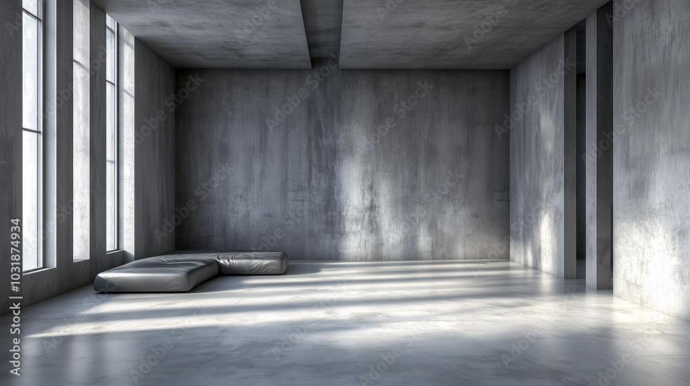Stylish minimalist loft space with raw concrete surfaces, a low-profile leather couch, and striking industrial artwork
