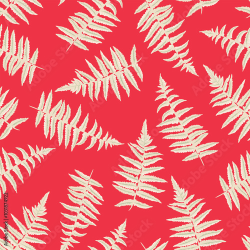 Abstract artistic leaves fern seamless pattern. Vector hand drawing. Stylized leaf stems print on a red background. Simple ornament for designs, textile, fabric, cover