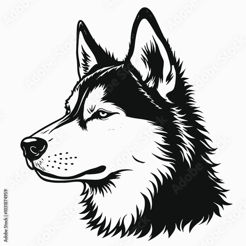  a black and white illustration of a dog's head. The dog appears to be a Siberian Husky, with a pointed snout and pointed ears