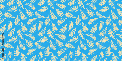 Summer plain pattern with abstract artistic leaves fern. Vector hand drawing. Stylized plant seamless print on a blue background. Template for designs, textile, fabric, wallpaper, label, packaging