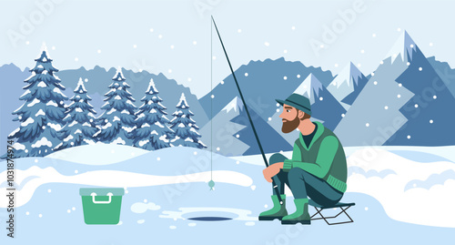 Man on winter fishing. Fisherman with a fishing rod on the background of a winter landscape. Hobby concept