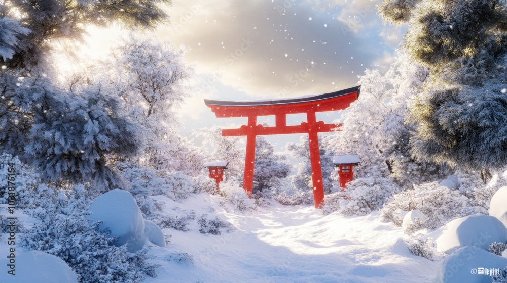 A Japanese shrine surrounded by snow-covered trees, with detailed red torii gates standing out against the white landscape. A Japanese shrine surrounded by snow-covered trees, with detailed red torii gates standing out against the white landscape.
