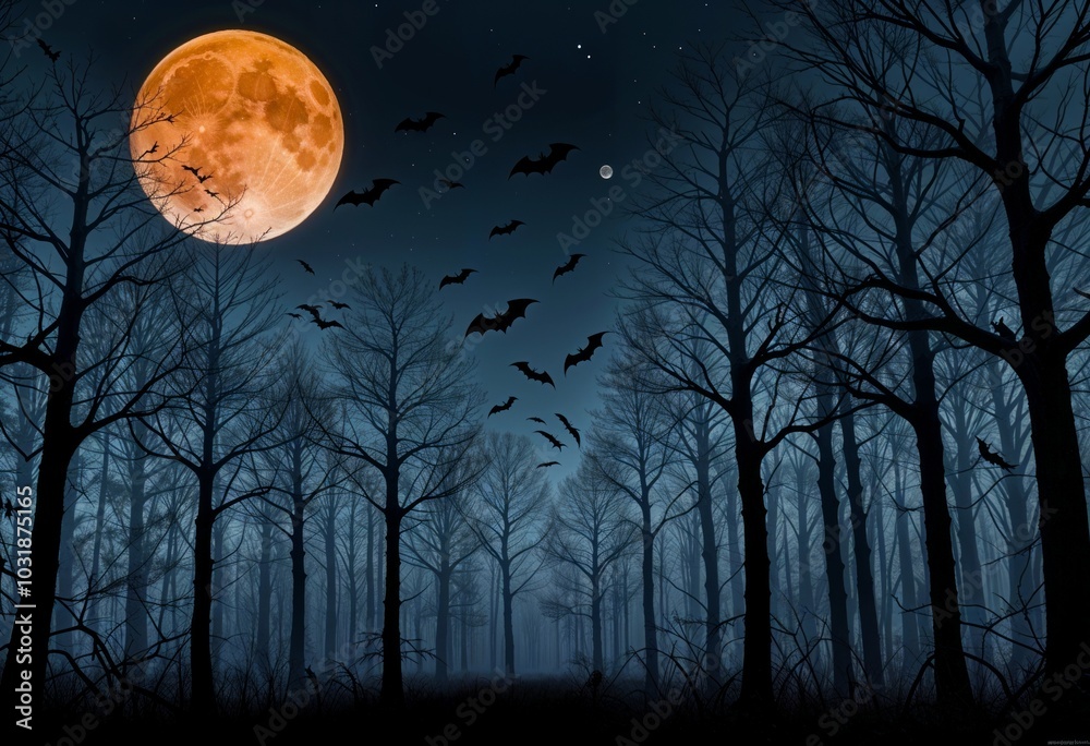 creepy night forest with moon and bats, Halloween background creepy night forest with moon and bats, Halloween background
