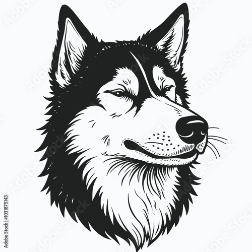  a black and white illustration of a dog's head. The dog appears to be a Siberian Husky, with a pointed snout and pointed ears