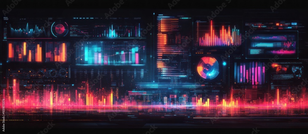 Futuristic digital interface with graphs, charts, and data visualizations in neon colors. Futuristic digital interface with graphs, charts, and data visualizations in neon colors.