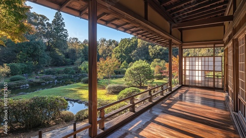 A Japanese tea house overlooking a tranquil garden, with detailed wooden beams and shoji doors framing the view.