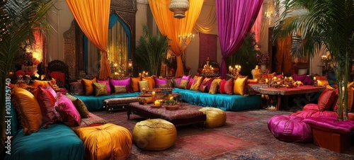 Luxurious Moroccan lounge decorated with vibrant fabrics and cozy seating for a festive gathering in an exotic setting photo