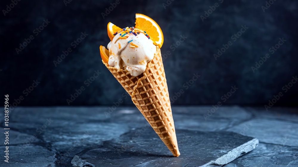 A crisp waffle cone filled with refreshing orange-flavored ice cream, set against a dark stone background for a vibrant, mouthwatering contrast. A crisp waffle cone filled with refreshing orange-flavored ice cream, set against a dark stone background for a vibrant, mouthwatering contrast.
