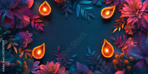 Diwali Celebration with Illuminated Lamps and Lanterns at Night photo