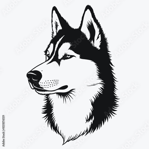  a black and white illustration of a dog's head. The dog appears to be a Siberian Husky, with a pointed snout and pointed ears
