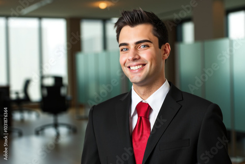 Businessman smiling in modern office building