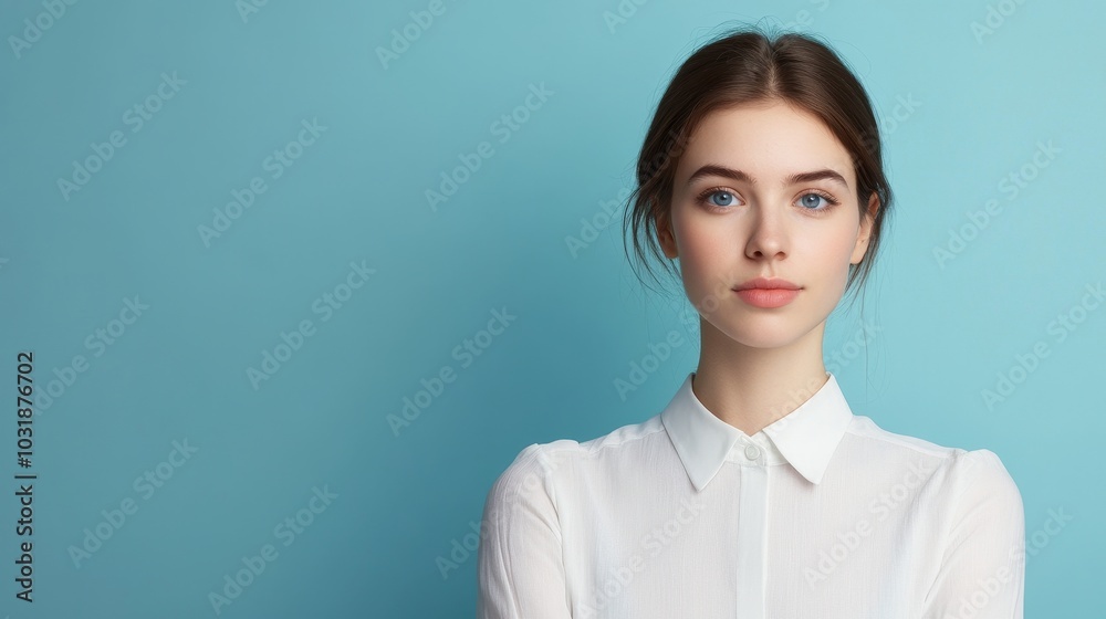 Confident Woman in White Shirt on Blue Background, portrait, young, professional, business, female, success Confident Woman in White Shirt on Blue Background, portrait, young, professional, business, female, success