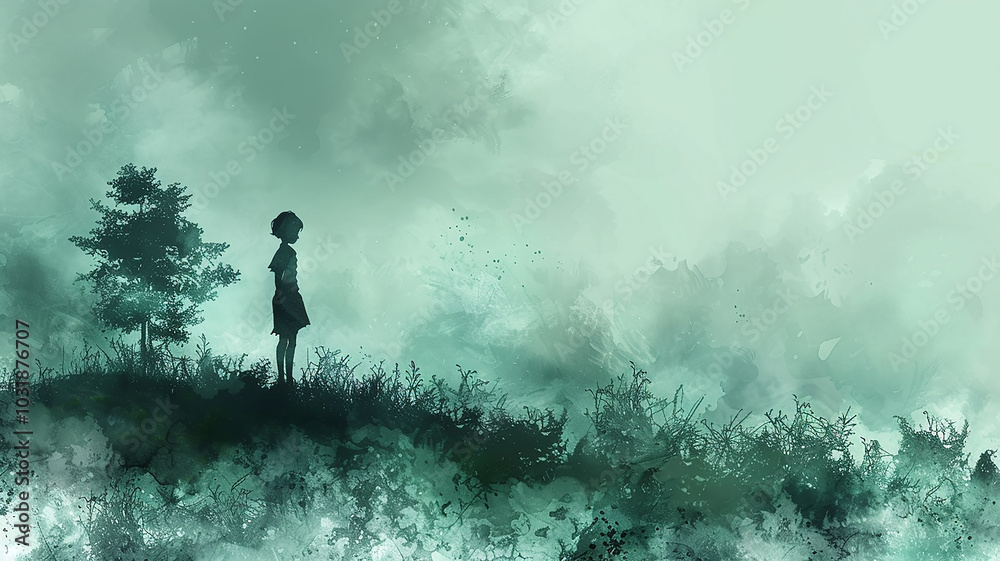 Fototapeta premium a child on a green hill, watercolor illustration isolated on a white background, eco-concept