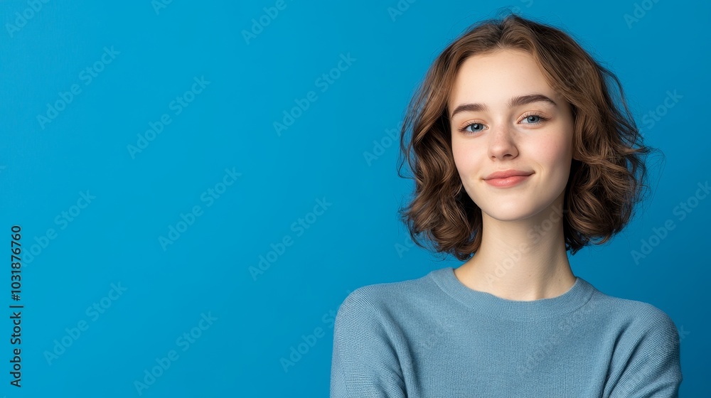 Confident Woman with a Serene Smile, radiating positivity, youthful energy, and a relaxed demeanor against a blue background. Confident Woman with a Serene Smile, radiating positivity, youthful energy, and a relaxed demeanor against a blue background.