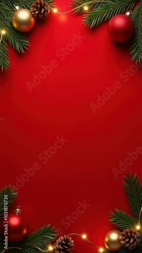 festive Christmas-themed border frame mock up composed of green fir branches red gold baubles Christmas lights pine cones on red background. seasonal promotions, e-commerce, vertical header concept