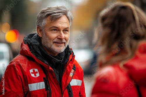 Man in a red jacket with an emblem of an ambulance on it is talking to a woman in a red jacket. man volunteer, Red Cross volunteer photo