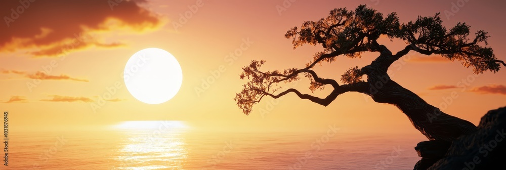 The sun sets over the ocean, foregrounded by a solitary tree and a rocky outcropping The sun sets over the ocean, foregrounded by a solitary tree and a rocky outcropping