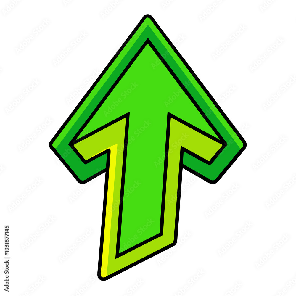 A bright green arrow points upwards, outlined with a bold black line for emphasis A bright green arrow points upwards, outlined with a bold black line for emphasis