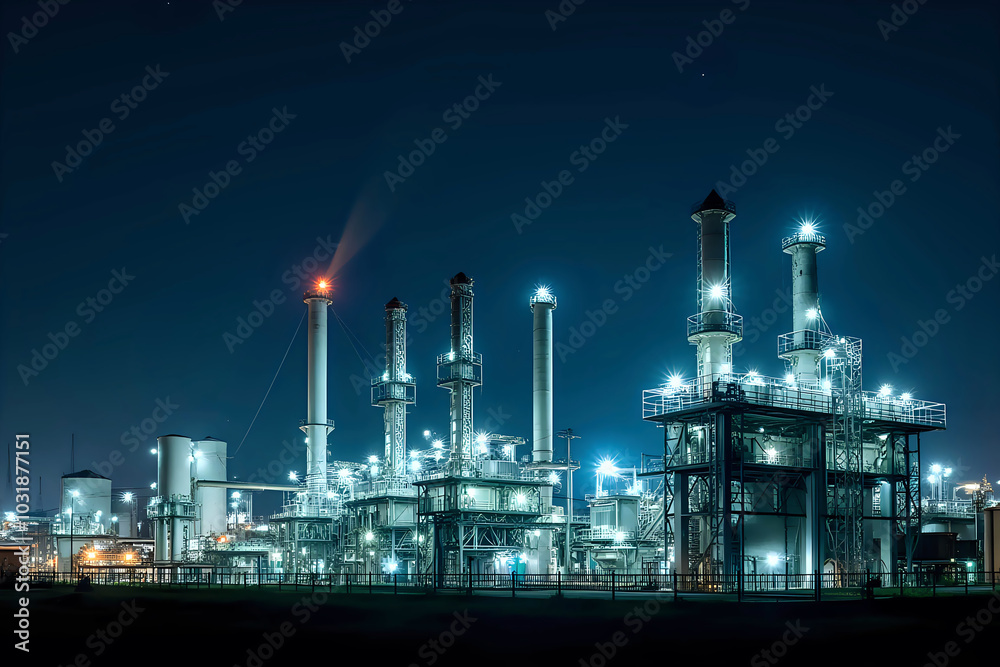 Fototapeta premium Panoramic night view of an electric power station with bright lights illuminating its towers, pipes, and machinery. The dark, starry sky adds depth to the scene.