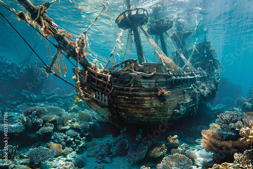 Underwater view of an sunken ship on seabed with fish swimming around