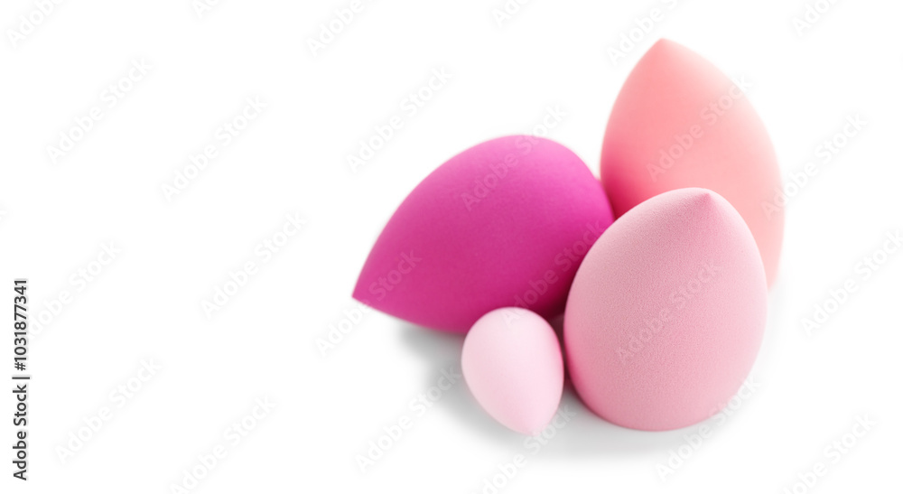 Beauty blender sponges set for Makeup liquid foundation, face make-up egg blender. Applying Foundation facial cosmetics, tool for perfect make up, for bb cream or concealer, on white background. Beauty blender sponges set for Makeup liquid foundation, face make-up egg blender. Applying Foundation facial cosmetics, tool for perfect make up, for bb cream or concealer, on white background.