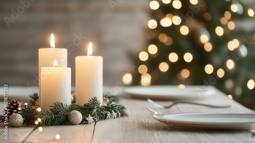 Elegant candles on a wooden table, adorned with greenery, illuminated by soft glowing lights, festive atmosphere.