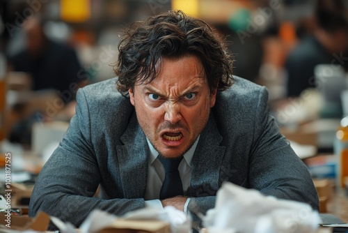 Man in a suit, glasses is screaming in front of pile of papers. man is overwhelmed by amount of work he has to do. frustrated businessman in a suit, expressing anger amidst chaotic office environment.
