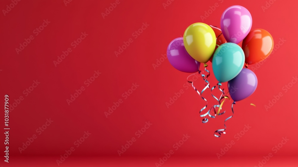 The balloons are in various shapes and sizes, floating in the air, while the streamers twist and curl playfully around them. 3d, minimalism, red, violet and azure colors. vibrant red background. The balloons are in various shapes and sizes, floating in the air, while the streamers twist and curl playfully around them. 3d, minimalism, red, violet and azure colors. vibrant red background.
