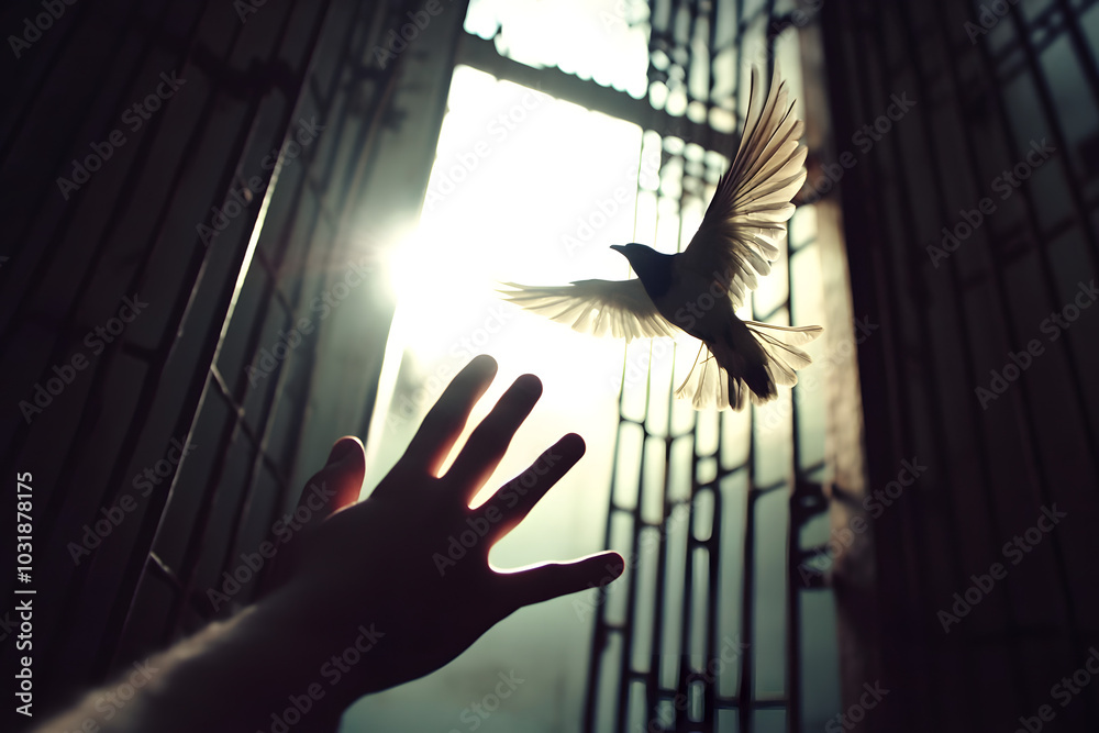 Fototapeta premium Hand releasing bird into sunlight, symbolizing freedom, hope, and new beginnings. Ideal for themes of liberation, spirituality, and personal growth