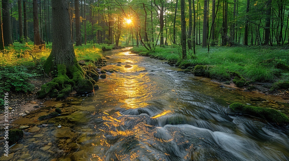 Fototapeta premium A serene forest scene with a flowing stream illuminated by sunlight.