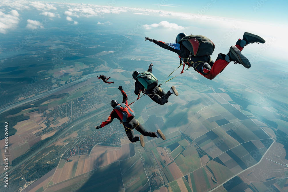 Parachutist with parachute makes heavenly adventure against on landscape Parachutist with parachute makes heavenly adventure against on landscape