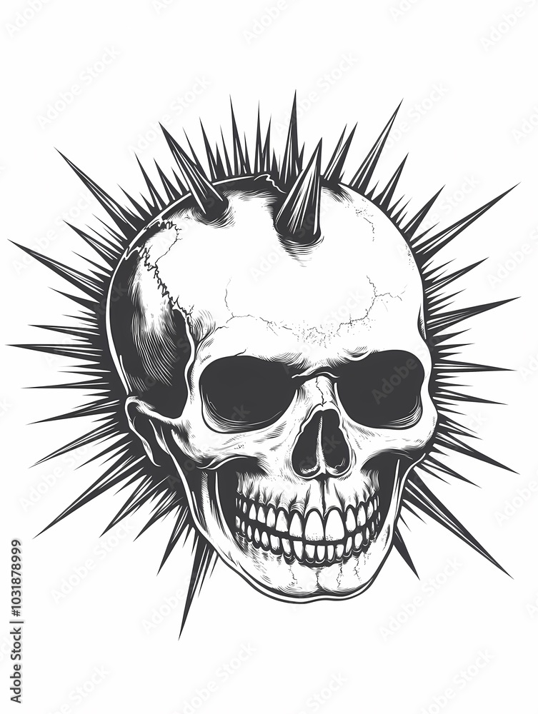 Obraz premium Tattoo Design of human skull with a bold spiked mohawk, embodying punk rock style and rebellious attitude sketch engraving,raster illustration