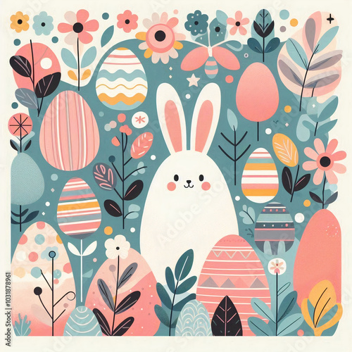 Wallpaper Mural A cute Easter bunny surrounded by decorated eggs and blooming flowers. A cheerful, pastel color palette evokes the joy and freshness of the Easter season Torontodigital.ca