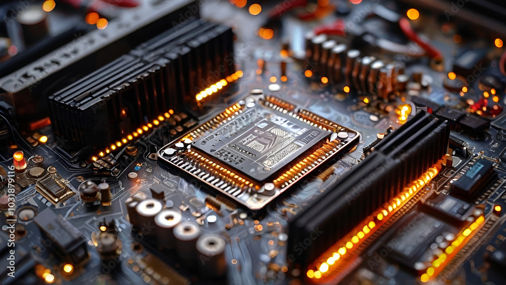 An intricate close-up of a computer motherboard, featuring various chips, circuits, and connectors. An intricate close-up of a computer motherboard, featuring various chips, circuits, and connectors.