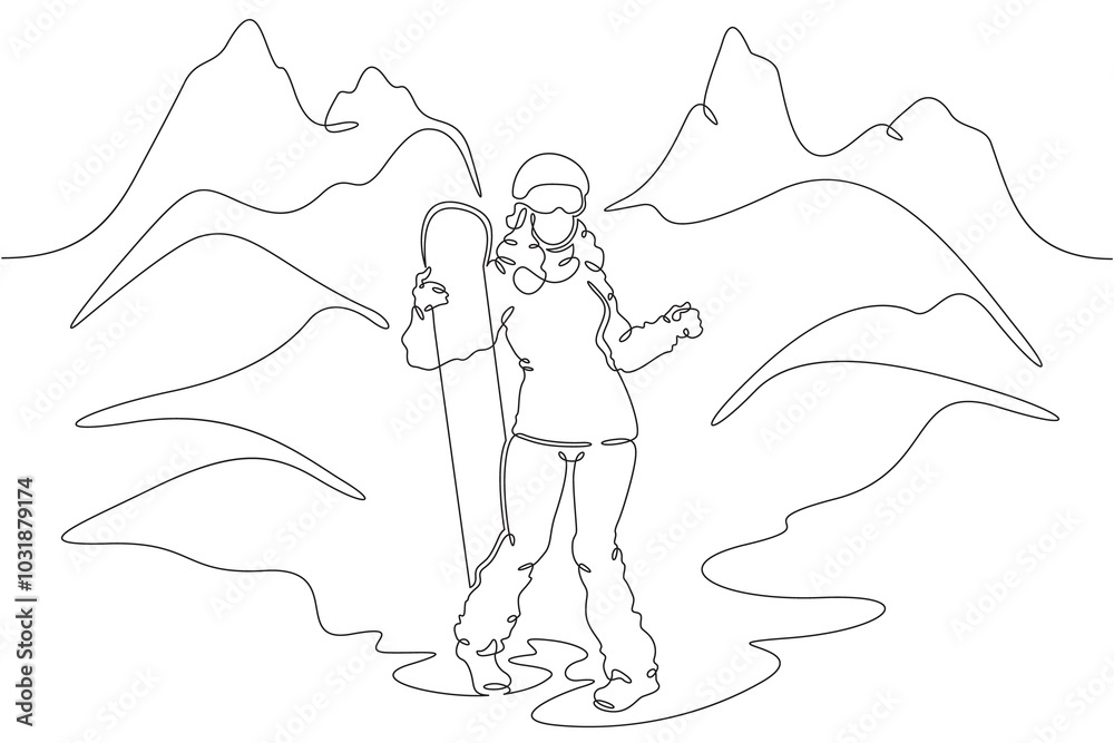 Continuous one line drawing beautiful woman with snowboard.Female snowboarder character posing.Mountain landscape. One continuous line isolated minimal illustration. Continuous one line drawing beautiful woman with snowboard.Female snowboarder character posing.Mountain landscape. One continuous line isolated minimal illustration.