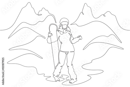 Continuous one line drawing beautiful woman with snowboard.Female snowboarder character posing.Mountain landscape. One continuous line isolated minimal illustration.