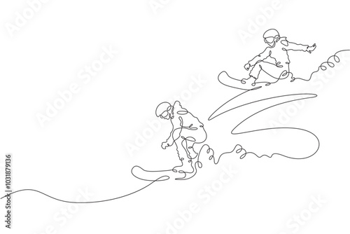 Continuous one line drawing women's snowboard race. Snowboarders descending a snowy slope. Mountain landscape. One continuous line isolated minimal illustration.