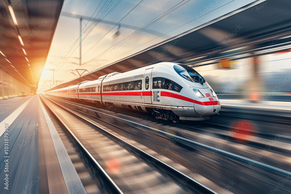 Modern high-speed train in fast motion passes through railway stations