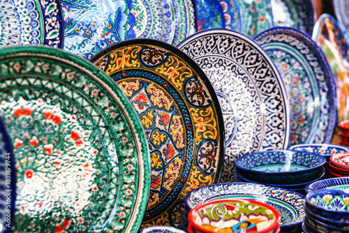 Traditional Uzbekistan ceramics. Vibrant display of handcrafted Uzbek ceramic plates and bowls with intricate designs, showcasing traditional craftsmanship at a market in Samarkand
