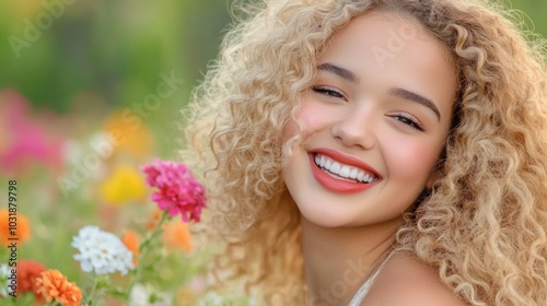 Smiling woman with curly hair enjoying a vibrant flower garden, AI