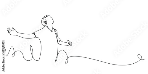 one continuous line drawing of young man stretching his arms in the outdoors.one line drawing of man feeling calm outdoors.single line.one line vector illustration.isolated white background