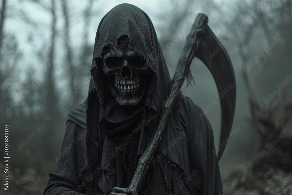 Scary grim reaper with sharp scythe in hell with dramatic background Scary grim reaper with sharp scythe in hell with dramatic background