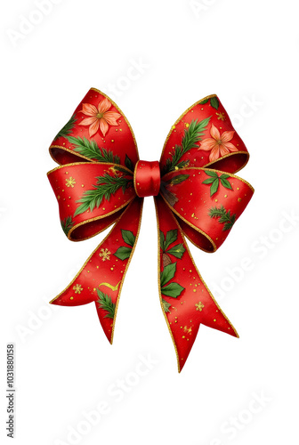 This decorative bow features a festive red design adorned with floral elements, perfectly complementing the cheerful holiday theme of a Christmas cow illustration.