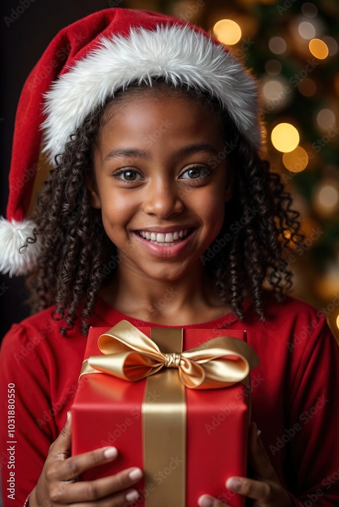 close up portrait of excited african american girl in santa claus hat holding christmas gift box; xmas sparkly cozy lights as a dark background. Vertical composition close up portrait of excited african american girl in santa claus hat holding christmas gift box; xmas sparkly cozy lights as a dark background. Vertical composition