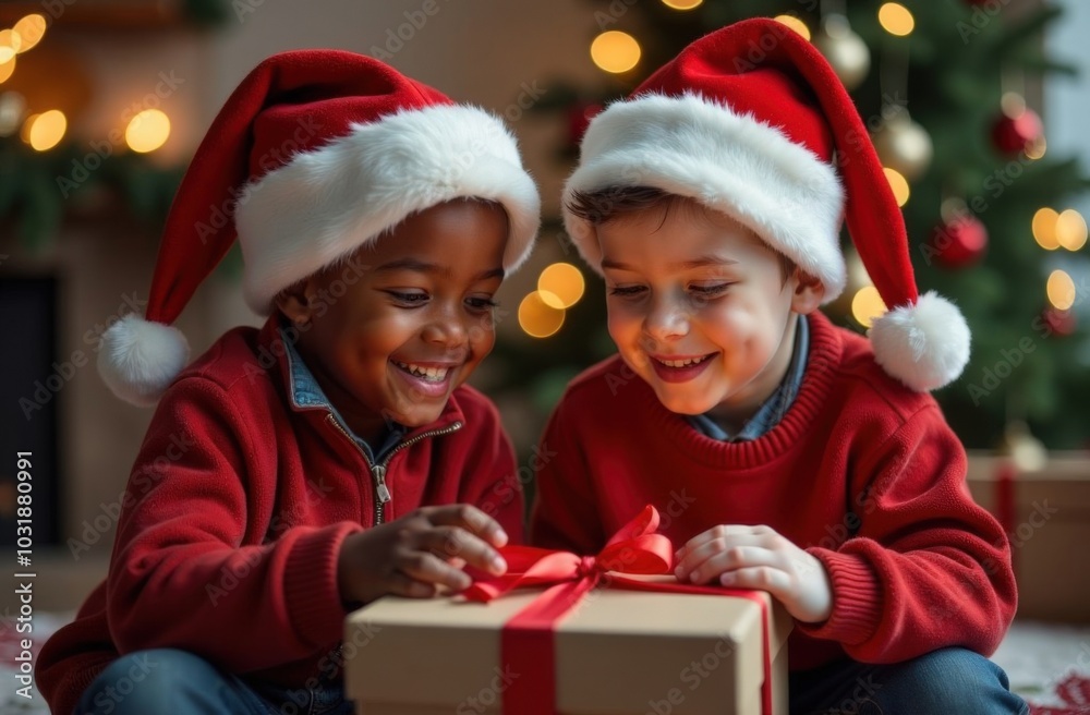 Two little boys in Santa hats, one white and one African American, unwrap Christmas presents under the tree on a festive morning. The atmosphere of New Year and Christmas