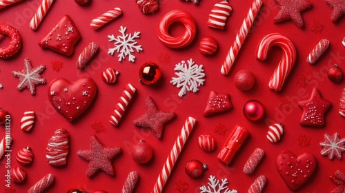 christmas red background with sweets, candies, cookies, lollipops, snowflakes photo