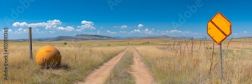 An abandoned dirt road winding through a remote landscape lined with warning signs indicating the presence of landmines or other explosive hazards